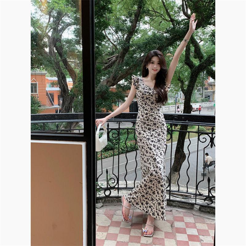 dress floral korea Gaun Wanita Pinggang Tinggi Bunga Prancis2023Pakaian Musim Panas Gaun Panjang Ker