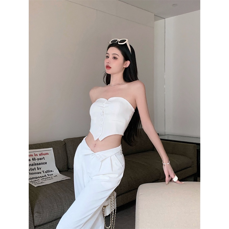 ﹉☫celana wanita impor pure desire style white tube top small vest women s summer hot girl one-shoulder bottoming shirt sexy short top outerwear pants wanita celana highwaist