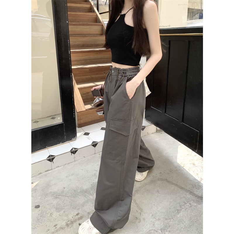 ☾❁❣celana wanita harga murah abu-abu pinggang elastis retro perkakas kasual celana wanita musim panas pinggang tinggi longgar rasa desain ceruk lebar kaki celana celana celana wanita celana pinggang tinggi