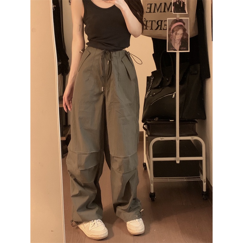 ☌celana wanita import American retro kargo kasual celana wanita musim panas high street pinggang elastis celana longgar pinggang tinggi lurus lebar kaki celana celana wanita celana highwaist