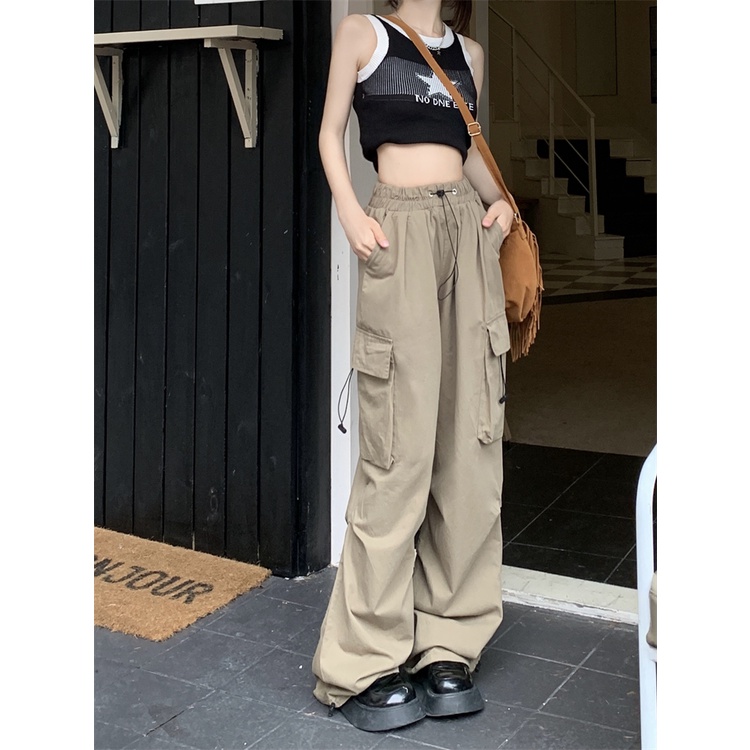 ❣celana wanita impor amerika retro serut overall kasual celana wanita musim panas high street longgar all-match lurus lebar kaki celana mengepel celana celana wanita celana highwaist