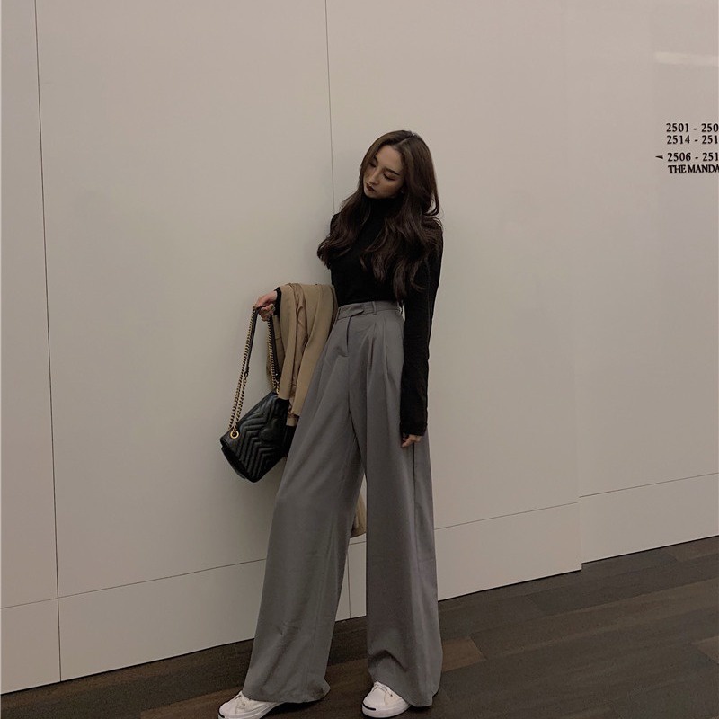 △₪celana wanita import casual pants women s summer new grey wide-leg suit celana pinggang tinggi slim tabung lurus drape longgar mengepel celana celana wanita celana highwaist