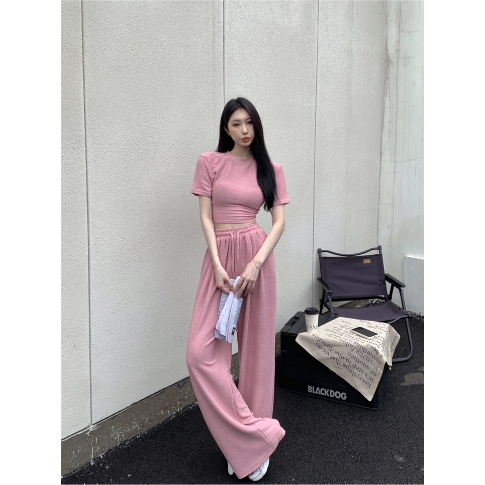 ♣celana wanita import versi korea pink serut celana kasual wanita musim panas bagian tipis pinggang tinggi longgar lebar kaki celana lurus celana mengepel celana celana wanita celana highwaist