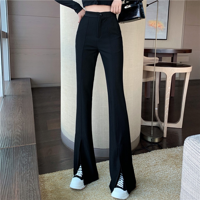 ❐✢﹍celana wanita import black high waist slit casual pants women s summer drape mopping sedikit melebar celana petite wide leg flared pants celana wanita celana highwaist