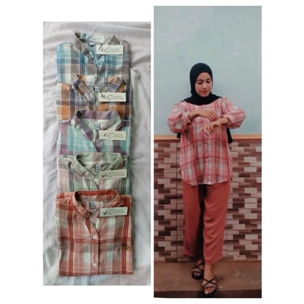 ONE SET NADIA//SETELAN KEMEJA MOTIF KOMBINASI POLOS//SET TUNIK AIRFLOW//SETCEL WANITA DEWASA ASHILLA