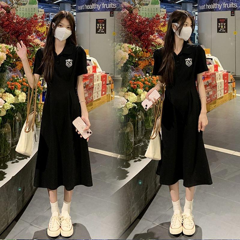 dress floral korea poloGaun Hitam Kecil Kerah untuk Wanita, Gaun Selutut Panjang Setengah Lutut, Gau