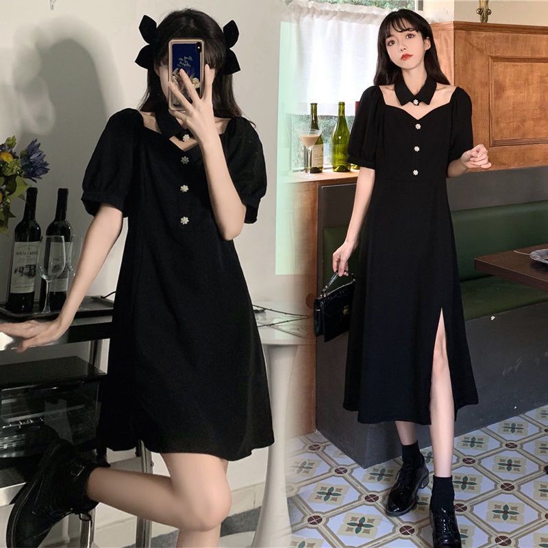 dress floral korea 2023Gaun Hitam Wanita, Gaun Hitam Pinggang Terpisah Panjang Setengah Gaya Hepburn