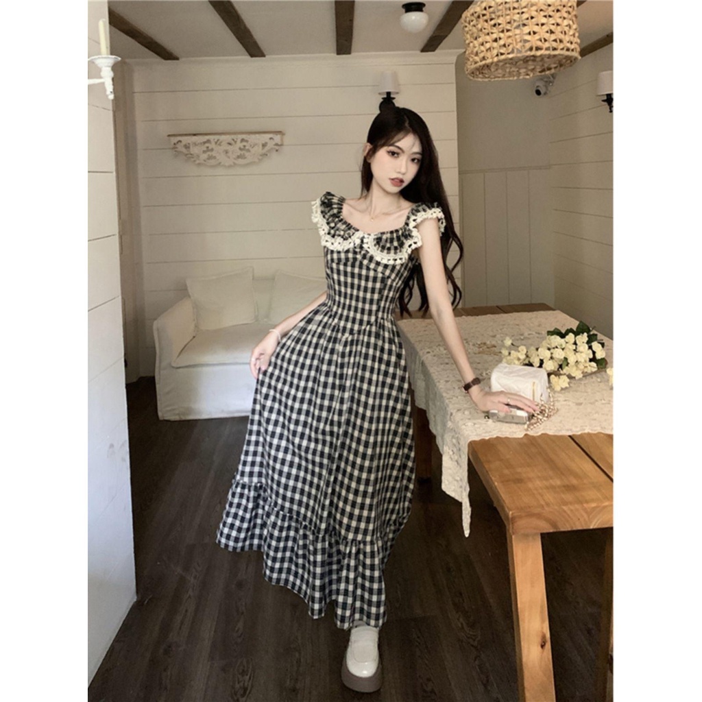 dress floral korea Gaun Renda Gaya Hepburn Musim Panas2023Gaun Lipit Kontrol Pinggang Retro