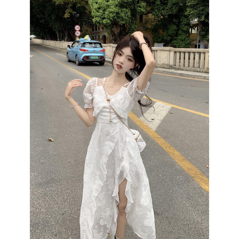 dress floral korea Gaun Putih Gaya Perancis untuk Wanita, Gaun Gaya Putri Manis dan Pedas Terpisah M