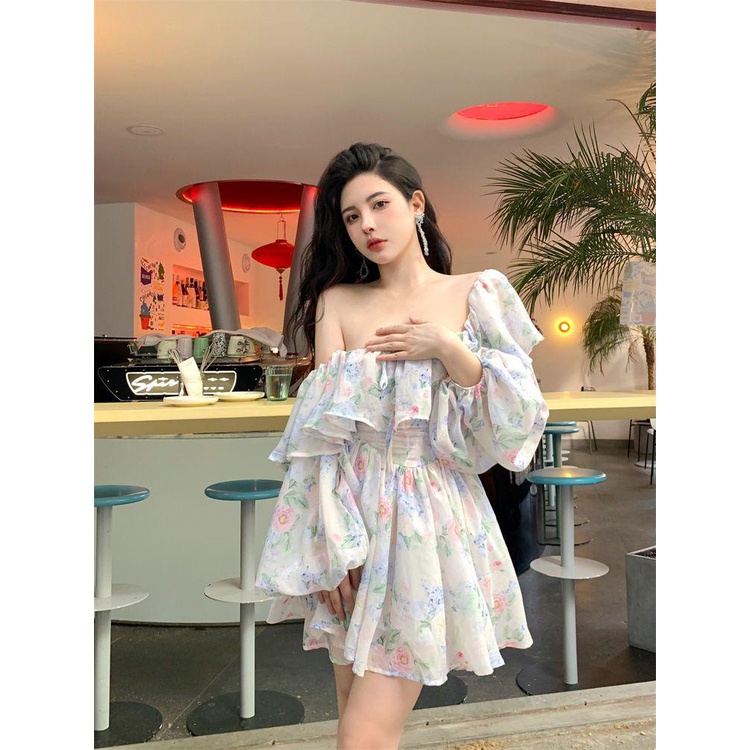 dress floral korea Gaun Menggantung Off-Shoulder Wanita, Rok Pinggang Ketat Bunga Sifon Lengan Lente