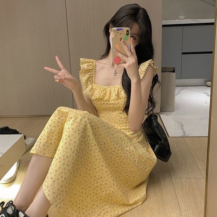 dress floral korea Rok Bunga Wanita Musim Panas Gaya Perancis, Gaun Lengan Panjang Sifon Tali Spaghe