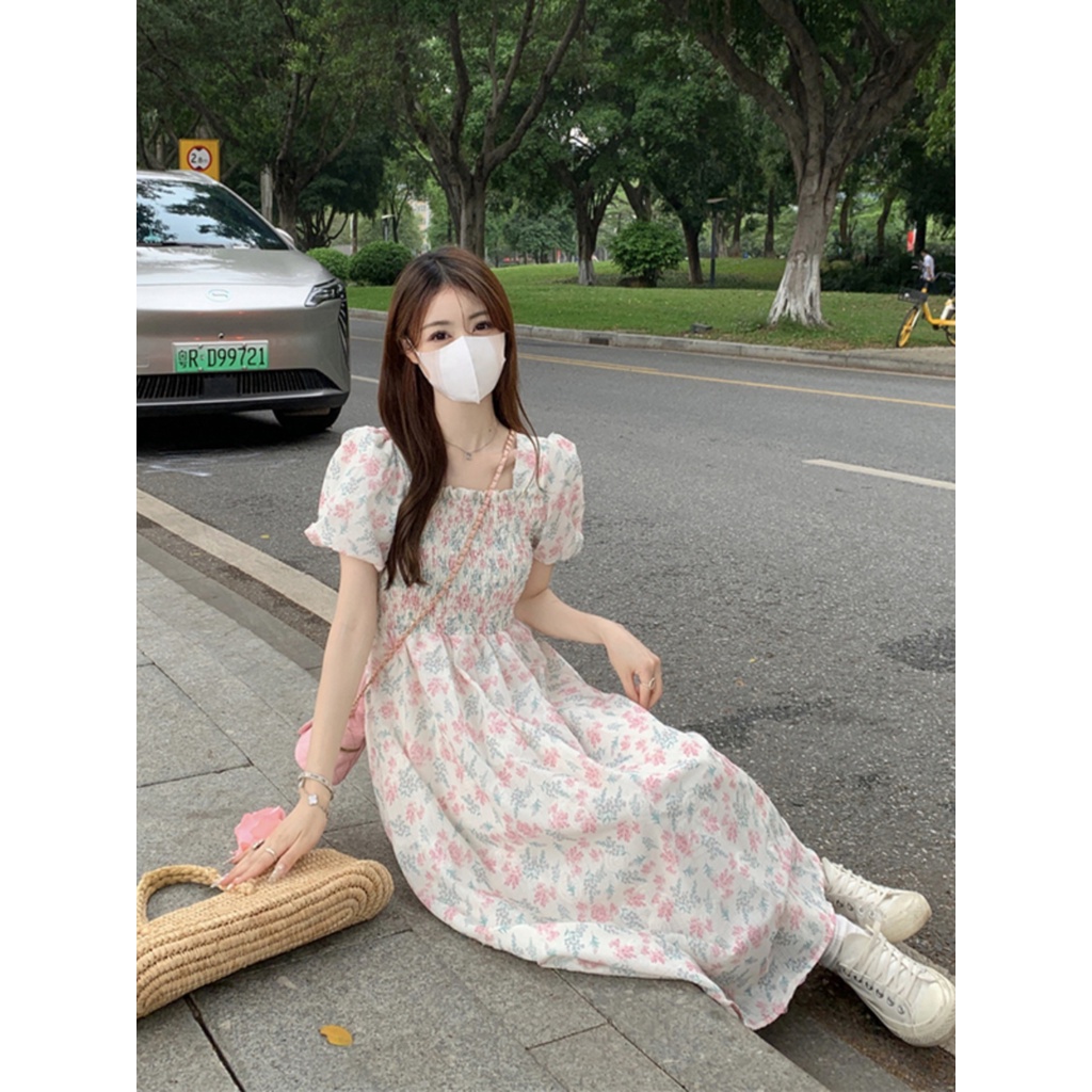 Red Floral square collar dress women s summer 2023 new sweet waist slimming mid-length super fairy first love skirt