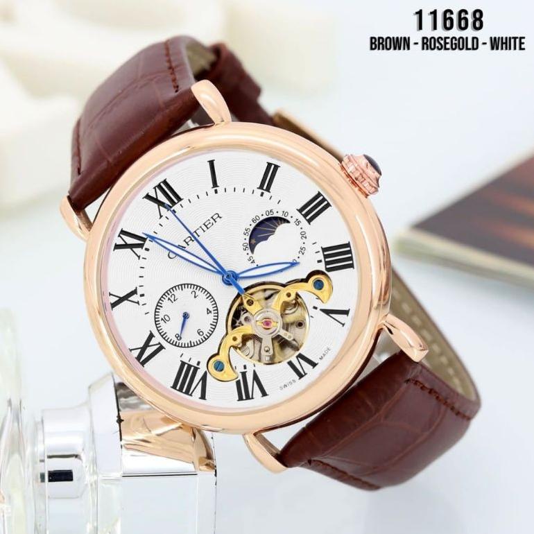 Jam Tangan Pria Analog Otomatis Transparan Tali Kulit /Jam Tangan Pria Otomatis Carter