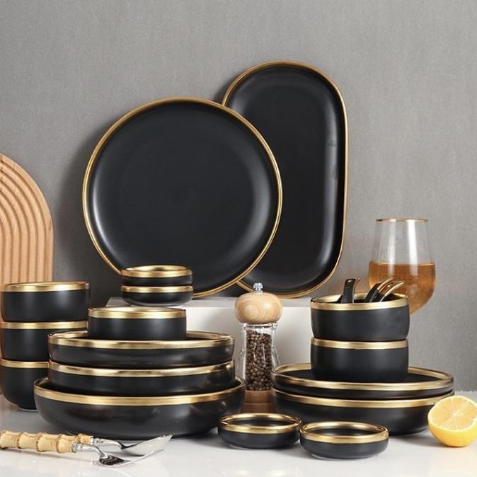 [ SATUAN ] Noire Black Gold Plate / Piring Keramik Hitam Emas