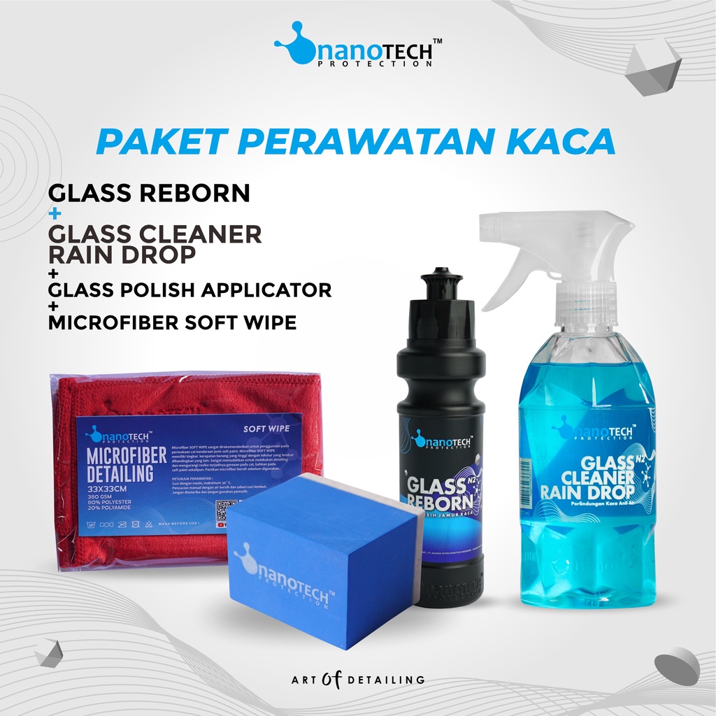 OBAT PEMBERSIH ANTI JAMUR KACA + GLASS COATING WATER REPELLENT /PAKET - nanoTECH PROTECTION - GLASS REBORN - GLASS CLEANER RAIN DROP - APLIKATOR GLASS POLISH - FELT BLOCK APPLICATOR PAD - GLASS SCRUB COMPOUND - GLASS FUSION - KACA ANTI AIR EFEK DAUN TALAS