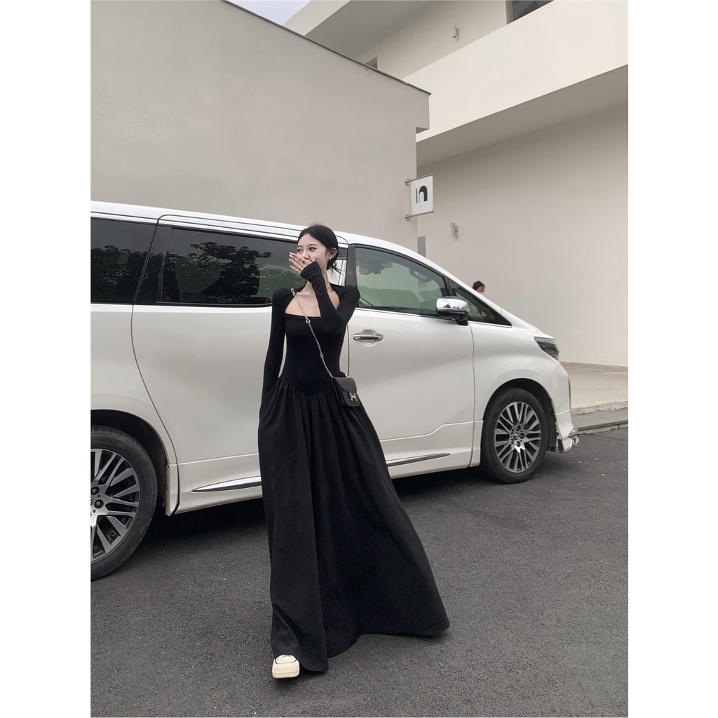 ❖☒☊gaun musim panas pantai gaya Hepburn pinggang ramping lengan panjang gaun musim semi rasa desain temperamen rok panjang rok hitam wanita