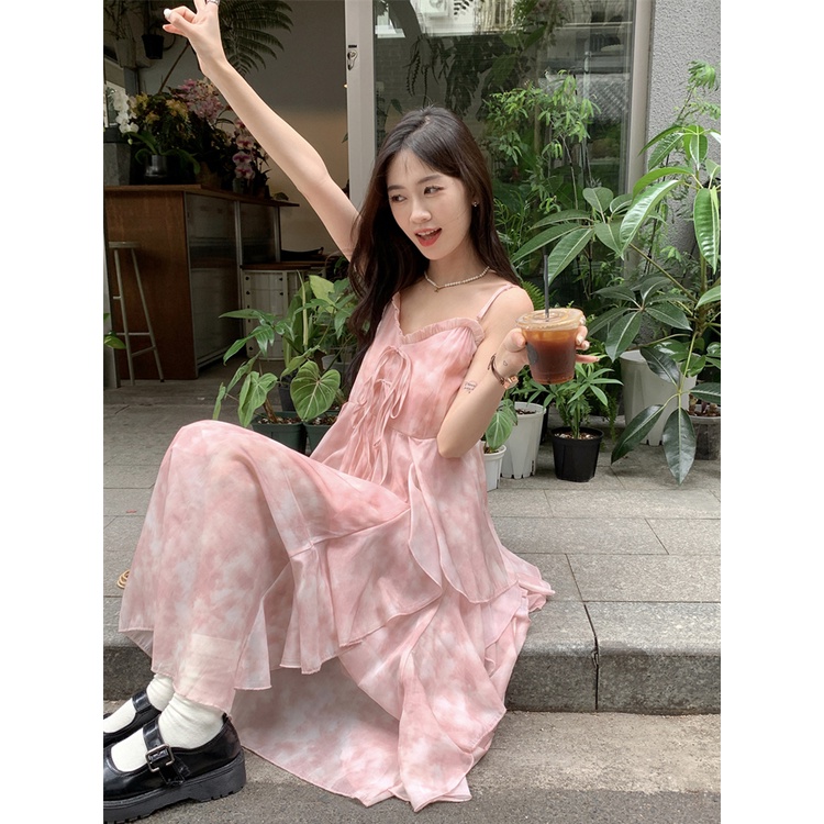 ✚▫ﺴgaun musim panas pantai merah muda berlepotan rok panjang liburan pantai gaun wanita musim panas Perancis gaya lembut suspender rok rok ramping