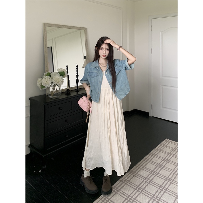 ✖☜Gaun Musim Panas Pantai Fashion Baju Lengan Pendek Kerah Polo Jaket Denim Musim Panas Wanita Lipit Suspender Gaun Dua Potong set