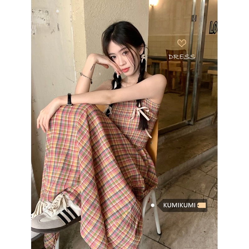 ☋gaun musim panas pantai ceruk warna retro rok kotak-kotak gaun musim panas wanita rok suspender Prancis rok pinggang ramping rok temperamen rok panjang