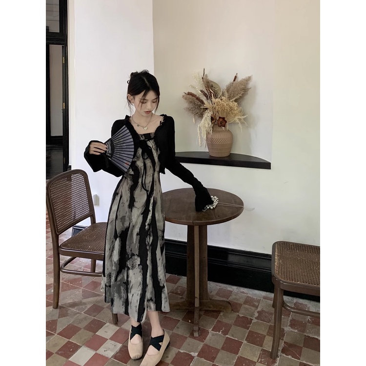 ♀✸dress summer beach ink printing retro national style temperamen sling dress women s spring and summer tie sunscreen cardigan suit