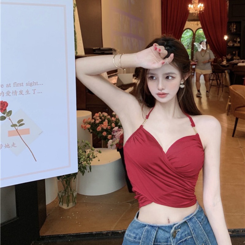 ✁✘cropped top red v-neck babes suspender baru anti-light top women s retro slim halter neck short vest bottoming niche #COD