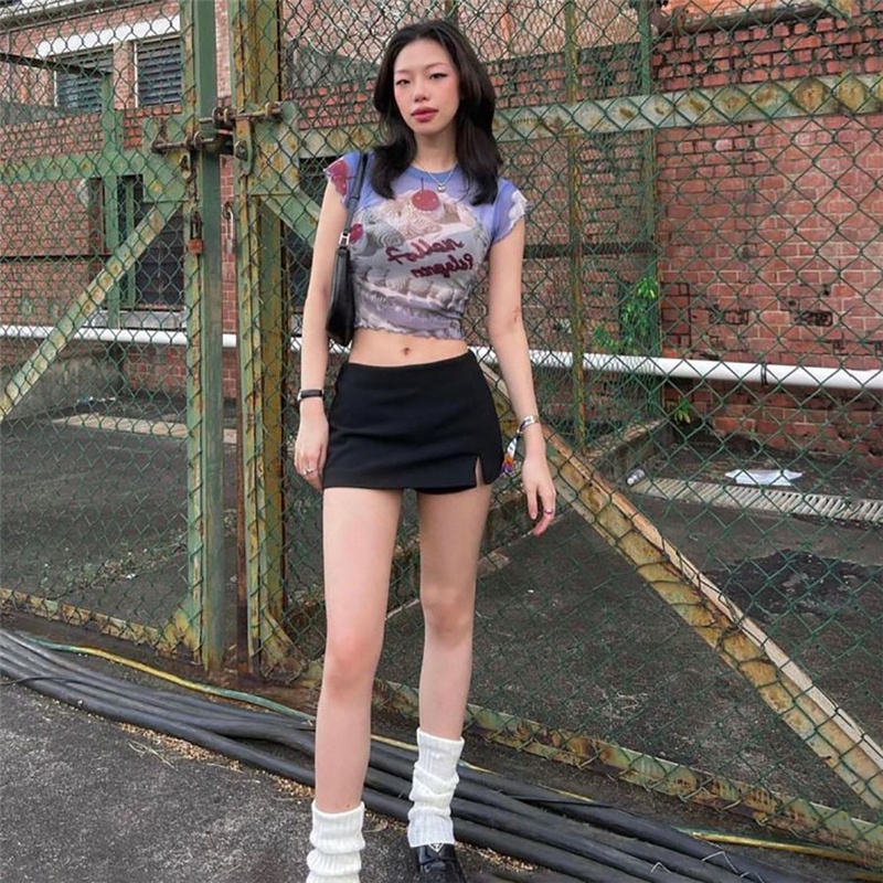 ۩Cropped top Retro girl Hyuna style chic creative cake print design wave edge T-shirt tipis untuk wanita #COD