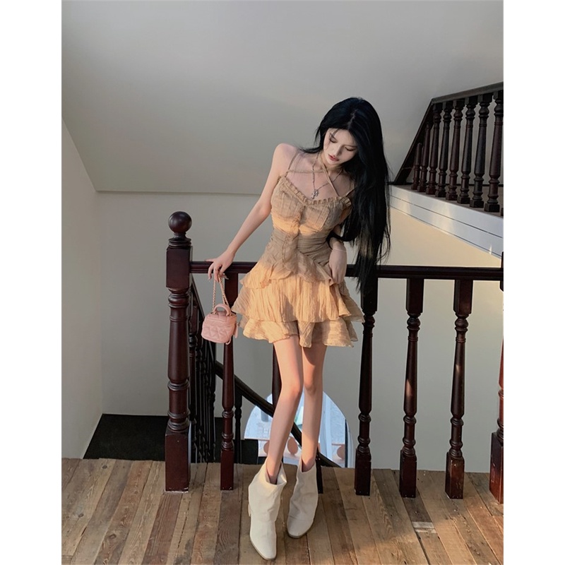 ▤❧cropped top musim semi dan musim panas wanita mengacak-acak fashion cake suspender dress strappy vest cardigan small coat top two-piece set #COD