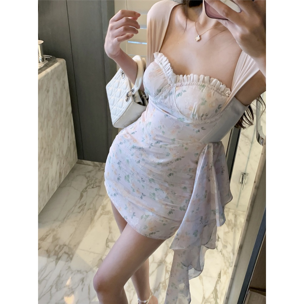 ☎✱✚cropped top floral camisole dress streamer bag hip short skirt women summer waist zipper long sleeve sun protection top set #COD