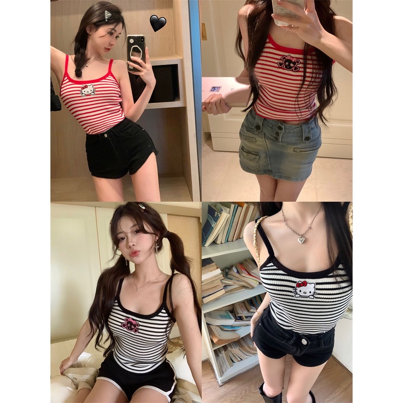 ▩Dipotong Top Hot Gadis Bergaris Warna Kontras Kartun Rompi Musim Panas Tanpa Lengan Slim Fit Kemeja Atasan Suspender Wanita Seksi Baru #COD