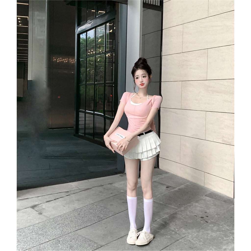 ✥cropped top pink lengan pendek t-shirt top dengan halter neck camisole top wanita musim panas pinggang tinggi setelan rok kue lipit #COD