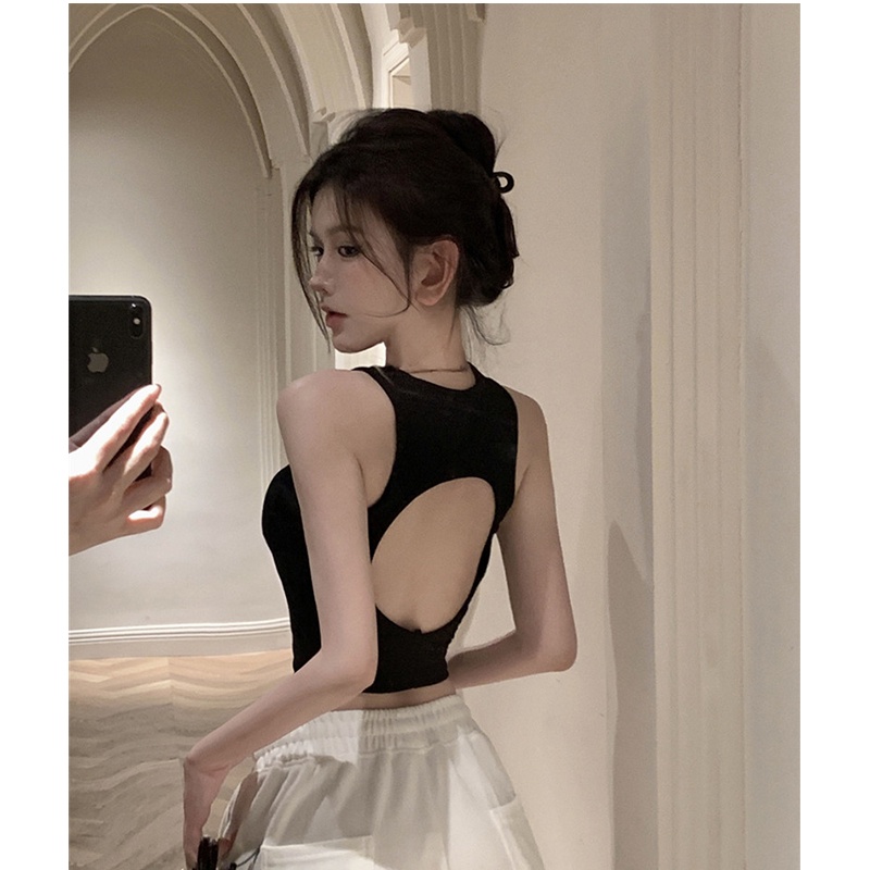 ☋cropped top keinginan murni rasa desain manis dan pedas leher bulat pakaian luar bottoming vest camisole top wanita musim panas tanpa lengan pendek slim fit retro #COD