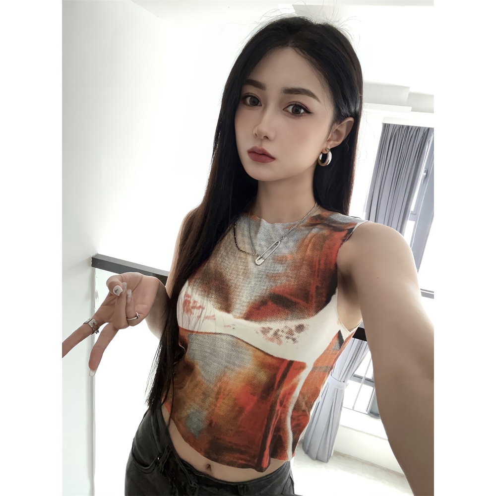 ✧✖❀cropped top ceruk musim panas dicetak leher bulat tanpa lengan kemeja bottoming untuk hot girls short slim outerwear sports camisole top women #COD