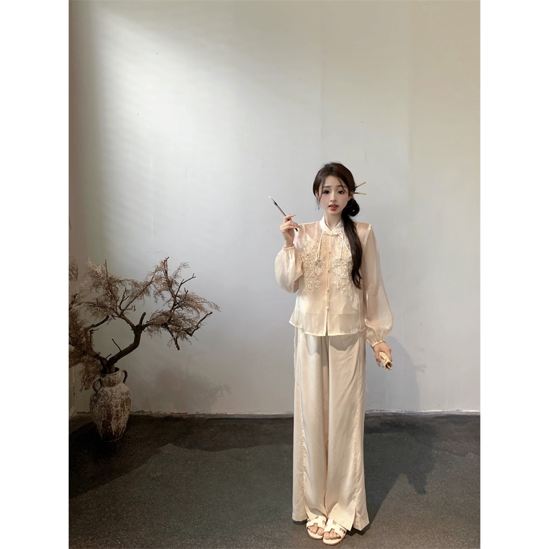 ☾►▽Cropped top baru gaya Cina stand-up kerah tombol lengan panjang kemeja sifon lengan lentera kemeja top wanita musim panas setelan kamisol dalam #COD