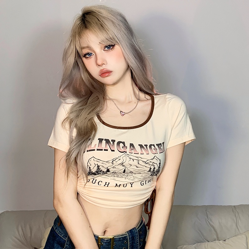 ▲✢☂cropped top gaya Hong Kong chic retro hit color drawstring short-sleeve t-shirt women s sense slim fit all-match top trend #COD