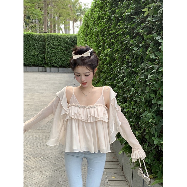 ♕ↂcropped top Musim Panas Angin Lembut Desain Sifon Tanpa Lengan Kamisol Top Set Longgar Ruffle Tepi Tabir Surya Kardigan lengan Panjang Wanita #COD