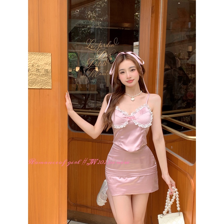 ✺✺☎cropped top gaya keinginan murni setelan musim panas wanita renda tepi rompi tali pendek hot gadis pakaian luar jaket tas retro ramping rok pinggul #COD