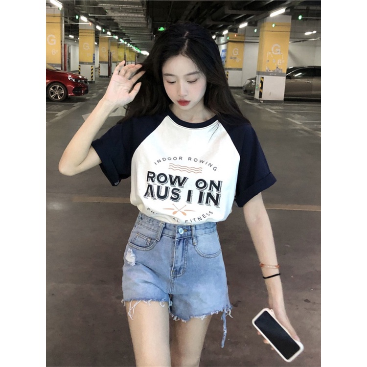 Suhao American Retro Lengan Pendek T-shirt Wanita Musim Panas 2023 Desain Baru Niche Depan Bahu Longgar Tubuh Tipis Atasan Kaos Import Wanita Kaos Wanita Gaya Korea Lengan Pendek Kaos Pendek Perempuan