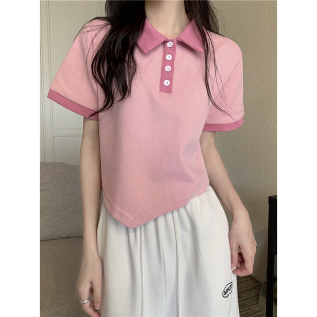 Suhao Warna Kontras Kerah Polo Bahu Depan Kaos Wanita Rasa Desain Niche Musim Panas Baru Lengan Pendek Kecil Atasan Pendek Kaos Import Wanita Kaos Wanita Gaya Korea Lengan Pendek Kaos Pendek Perempuan