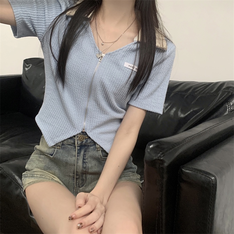 Suhao Irregular French short top women s design sense niche summer new slim Polo collar short-sleeved T-shirt kaos impor wanita kaos wanita gaya korea lengan pendek kaos pendek perempuan