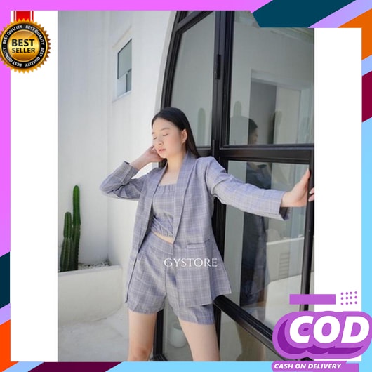 Setelan Blazer Wanita 1 Set Jumbo Import Terbaru Jas Kerja Perempuan Celana Pendek Cewek Korean Styl