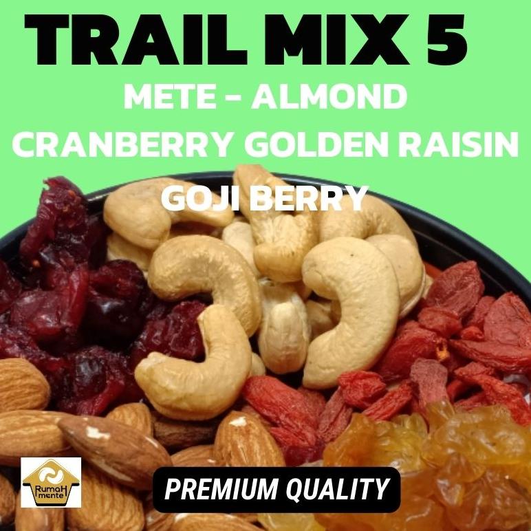 

TRAIL MIX 5 1KG KACANG MEDE KACANG ALMOND CRANBERRY GOJI BERRY GOLDEN RAISIN (CEMILAN DIET PREMIUM QUALITY) Best Seller