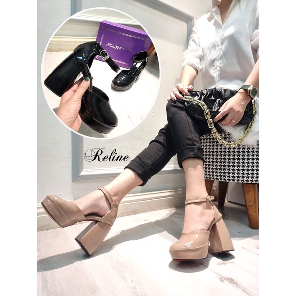 SEPATU WANITA HEELS CHUNKY 3108 HAK BAKPAU TINGGI 9CM GLOSSY