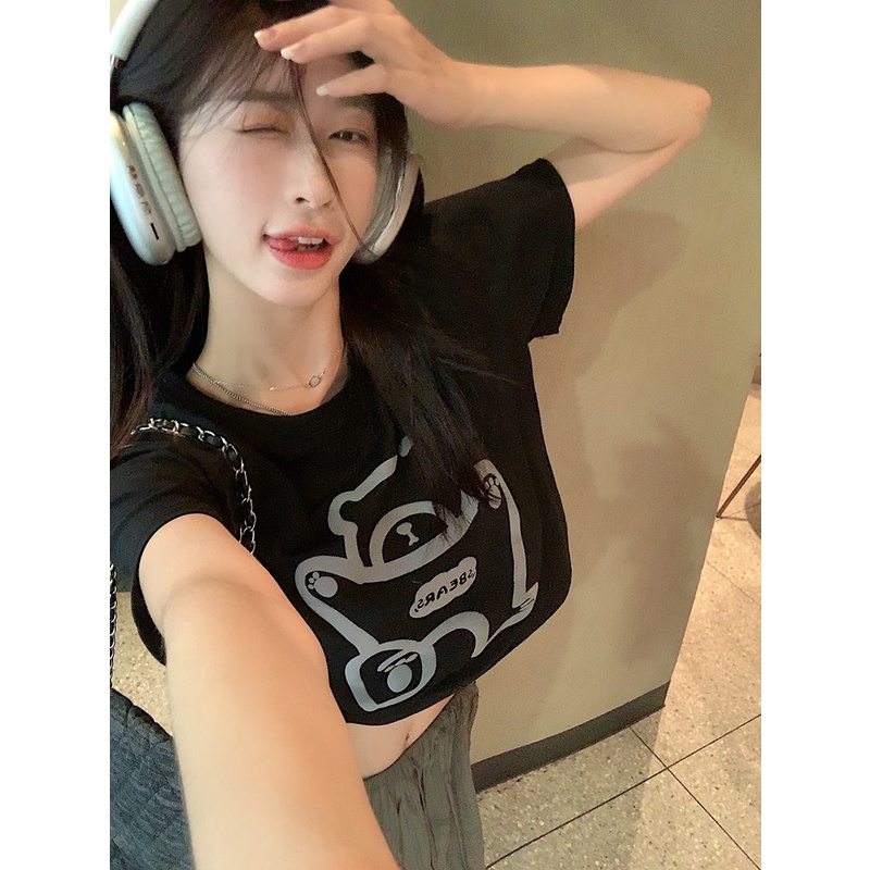 Suhao sweet and cool hot girl style black short-sleeve t-shirt women s summer cotton design sense niche bear print shoulder jacket kaos import wanita kaos wanita korean style lengan pendek kaos pendek perempuan