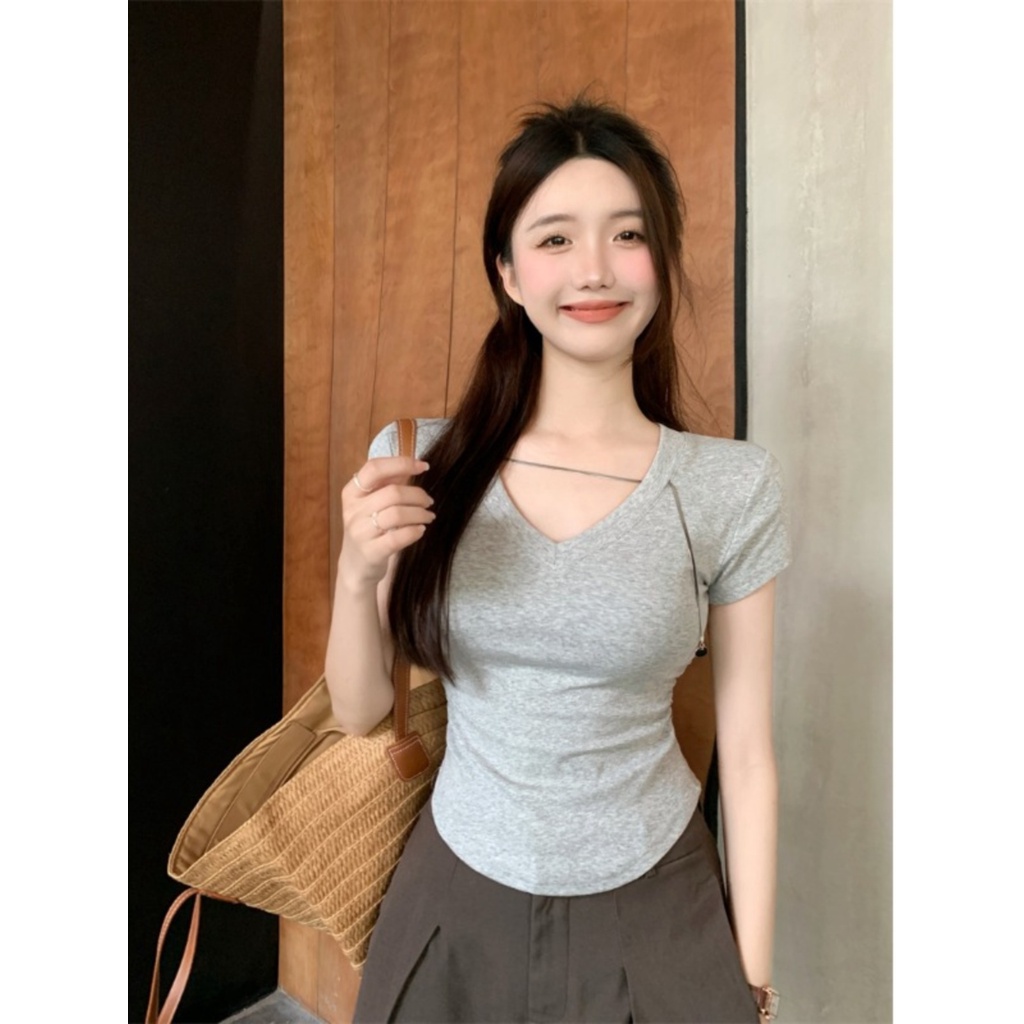 Suhao sweet hot girl v-neck front shoulder short-sleeve t-shirt women s summer design sense niche chic slim-fit pleated waist short top kaos import wanita kaos wanita gaya korea lengan pendek kaos pendek perempuan