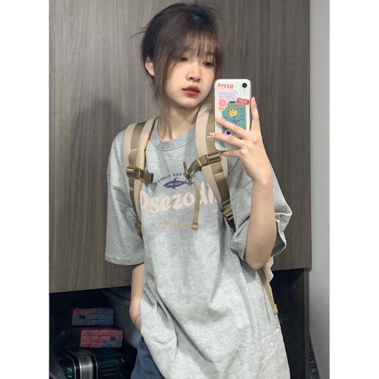 ☼♕❁Suhao kaos import wanita kaos wanita gaya korea lengan pendek kaos pendek perempuan American retro front shoulder trendy brand short-sleeve t-shirt women s summer loose texture grey dopamine top design sense