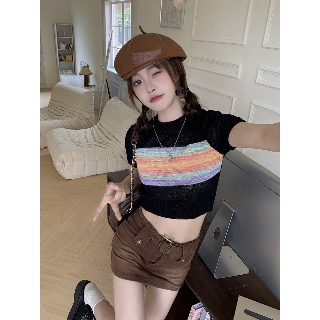 Suhao sweet and spicy style American retro striped short-sleeve short top women s summer design sense niche slim thin knitted t-shirt kaos import wanita kaos wanita gaya korea lengan pendek kaos pendek perempuan