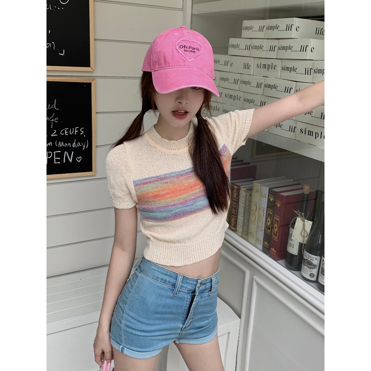 Suhao sweet and spicy style American retro striped short-sleeve short top women s summer design sense niche slim thin knitted t-shirt kaos import wanita kaos wanita gaya korea lengan pendek kaos pendek perempuan