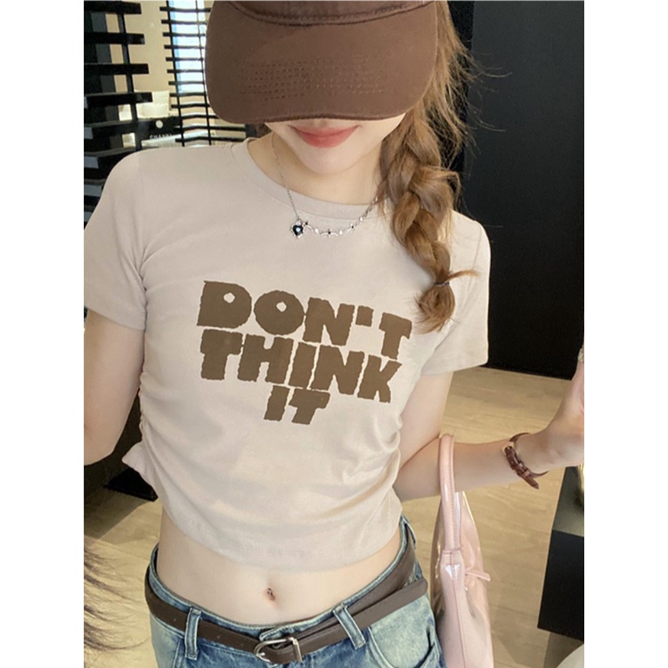 ₪♙☂Suhao kaos import wanita kaos wanita gaya korea lengan pendek kaos pendek perempuan American retro cotton front shoulder short-sleeved T-shirt women s summer design sense niche sweet and spicy slim fit tight short top