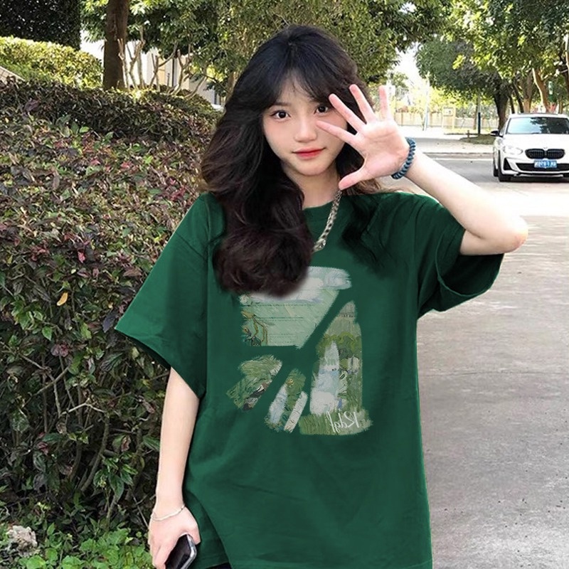 ◄Suhao kaos import wanita kaos wanita gaya korea lengan pendek kaos pendek perempuan dark green short-sleeved t-shirt wanita musim panas 2023 American in tide brand design sense niche unique tea tea top