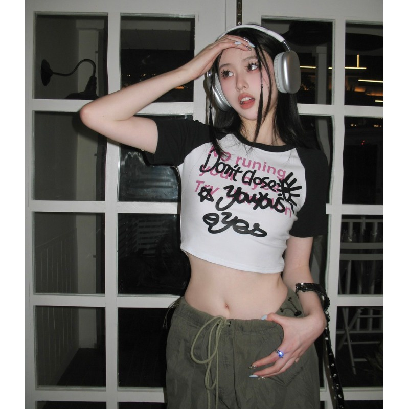 ✖✗Suhao kaos import wanita kaos wanita gaya korea lengan pendek kaos pendek perempuan American retro raglan bahu lengan pendek t-shirt wanita musim panas ketat slim high-waist hot girl short navel bm front shoulder top